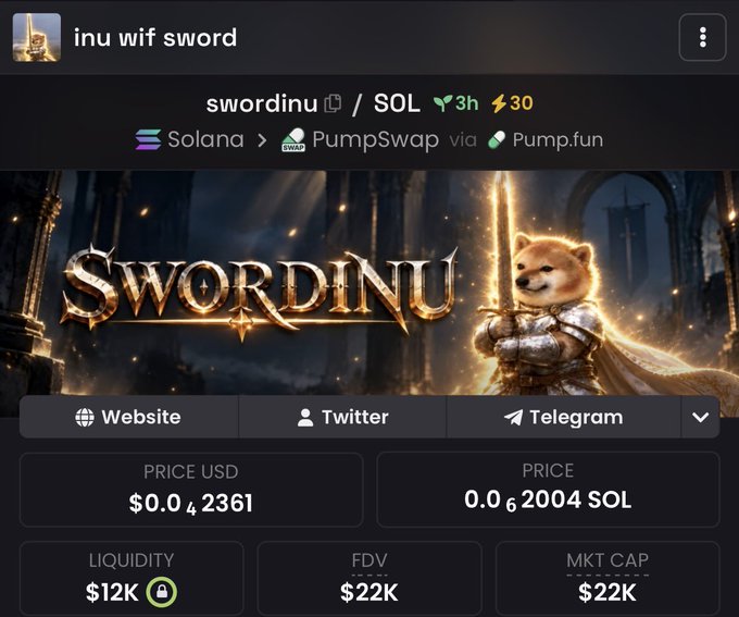 A cryptocurrency trading page shows the token "swordinu / SOL" priced at "$0.0₄2361" or "0.0₆2004 SOL" with a "SWORDINU" banner featuring a dog knight character.