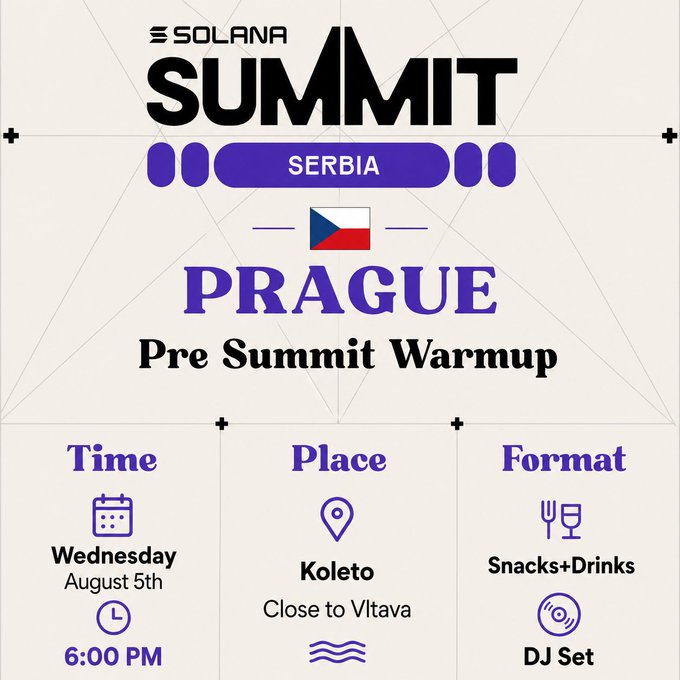 Promotional graphic for the Solana Summit Serbia Pre-Summit Warmup in Prague, scheduled for Wednesday, August 5th at 6:00 PM at Koleto (close to Vltava), featuring snacks, drinks, and a DJ set—matching the post's invitation for the community to gather with drinks, snacks, a live DJ, and conversations by the river.