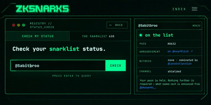 The image shows the "ZKSNARKS" website's registry status check page displaying the username "@Sabitbroo" (#0632) as "on the list" with a green indicator, hosted on the "shieldeed" channel and announced on "@snarklist," visually corroborating the post's gratitude toward @zksnarks_, @snarklist, and @LynxCollection for the successful nomination.