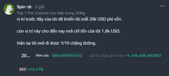A social media post from 'Spin-zk' discussing PnL futures trading in Vietnamese, mentioning losses of 20k USD initially but only 1.8k USD currently, with a long position on ZEC showing a profit of +1,145,438.94USDT and ZEC up +12.11%.