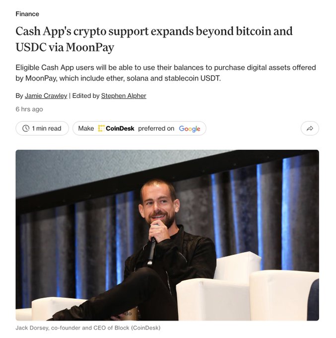 CoinDesk article by Jamie Crawley titled "Cash App's crypto support expands beyond bitcoin and USDC via MoonPay" featuring a photo of Block CEO Jack Dorsey speaking at an event, accompanying MoonPay's announcement of a partnership allowing Cash App users to purchase digital assets including ether, solana, and USDT.