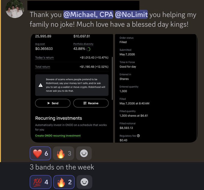 The image shows a testimonial screenshot from a member of "The Assembly" thanking "@Michael, CPA @NoLimit" for helping their family, alongside a Robinhood portfolio screenshot displaying an ONDO investment with a total return of +$1,190.48 (+12.52%), filled at $6.61 per share for 1,300 shares on May 2, 2026.

The post highlights how Assembly members continue to profit despite a significant market retracement, with this screenshot serving as real proof of a winning trade call shared within the community.