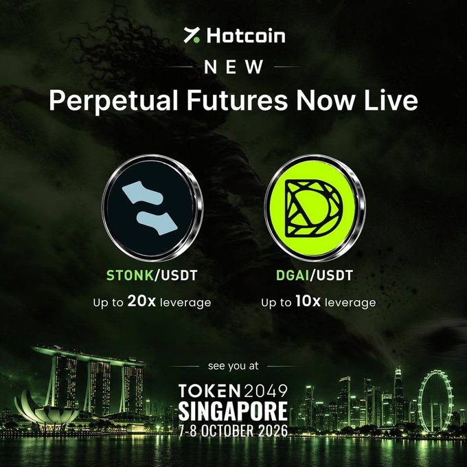 A promotional graphic for Hotcoin announces 'NEW Perpetual Futures Now Live' featuring STONK/USDT and DGAI/USDT trading pairs, advertising an event at Token2049 Singapore on 7-8 October 2026.