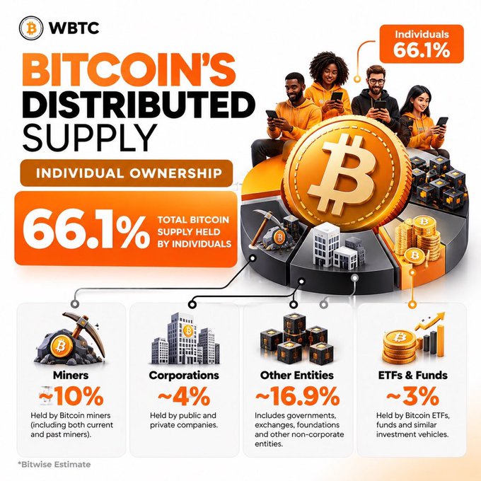 An infographic titled 'BITCOIN'S DISTRIBUTED SUPPLY' showing individual ownership at 66.1%, with breakdowns for miners (~10%), corporations (~4%), other entities (~16.9%), and ETFs & funds (~3%), sourced as a Bitwise Estimate.