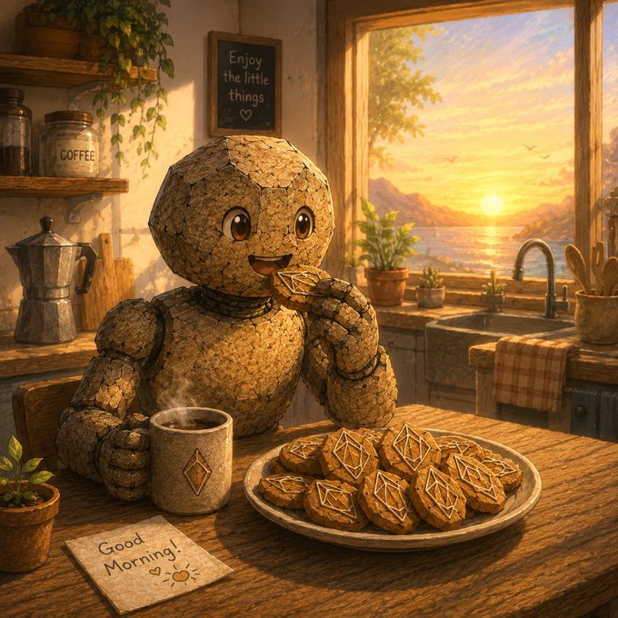 A 3D-rendered golem made of stones sits at a kitchen table eating a cookie, with a 'Good Morning!' note, a plate of diamond-shaped cookies, and a chalkboard reading 'Enjoy the little things' in the background.