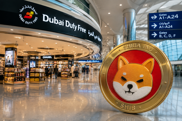 A Shiba Inu ($SHIB) coin is prominently displayed in the foreground against the backdrop of Dubai Duty Free at an airport, where signage indicates gates A1-A24 and B, C, D, F, visually reinforcing the post's claim about four nations opening their doors to the meme coin.