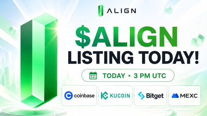 A promotional graphic announcing '$ALIGN LISTING TODAY!' at 3 PM UTC, featuring the Align logo and logos of Coinbase, KuCoin, Bitget, and MEXC exchanges.