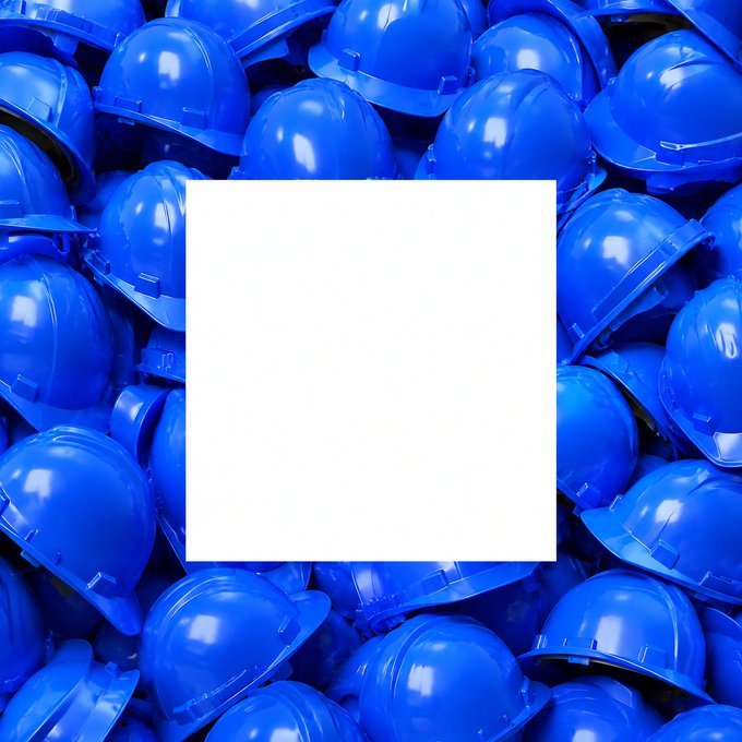 A pile of bright blue construction hard hats surrounds a blank white square, with the text “What @base coins are we buying today?”—the helmets and blank center suggest choosing which Base coin to “build” a position in.