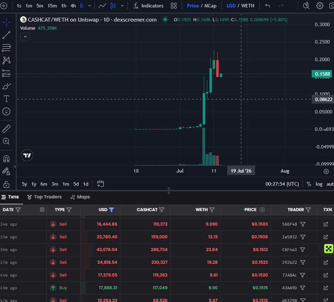 A DexScreener chart showing CASHCAT/WETH trading pair on Uniswap with a recent price surge, displaying trade history with multiple large sell transactions in the thousands of dollars.