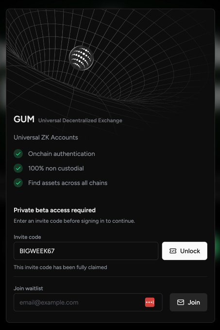 The image shows a sign-in screen for GUM, described as a "Universal Decentralized Exchange" featuring Universal ZK Accounts, where an invite code "BIGWEEK67" has been entered but rejected with the message "This invite code has been fully claimed." The screen relates to the post by highlighting a common frustration of users seeking working invite codes for Jupiter Exchange's aggregator, as the displayed code has already been exhausted.