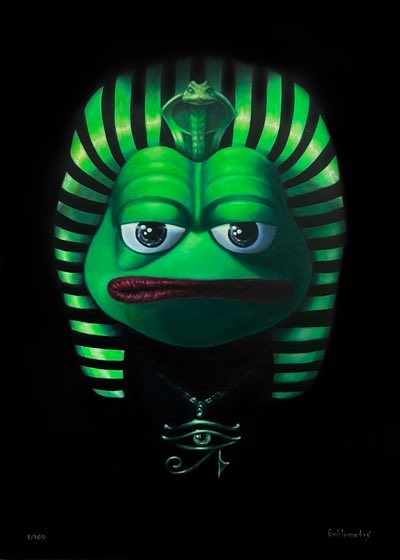 A digital painting of an angry green pharaoh-like face with a striped headdress, cobra emblem, and an Eye of Horus pendant, set against a black background.