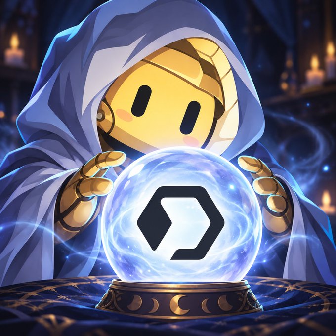 A digital illustration of a cute yellow robot character wearing a blue hooded robe, holding a glowing crystal ball that displays a geometric logo, set against a mystical background of swirling energy and candles.