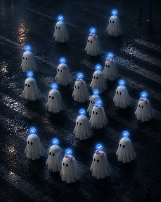 A whimsical 3D render of multiple cute, small ghost figures with glowing blue checkmarks above their heads crossing a wet road at night.