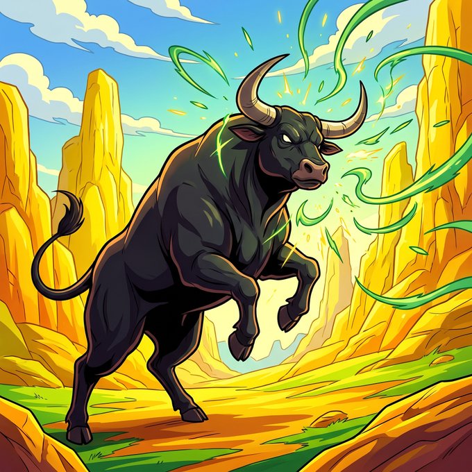 A cartoon-style illustration of a powerful black bull rearing up on its hind legs, surrounded by swirling green energy tendrils in a vibrant landscape with yellow rock formations and a blue sky.