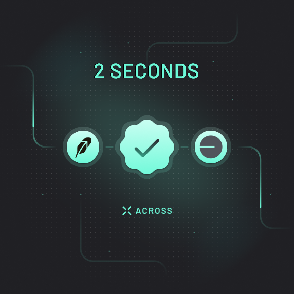 A dark teal graphic displays "2 SECONDS" above three connected icons (a feather, a checkmark badge, and a minus sign), with "X ACROSS" written at the bottom.