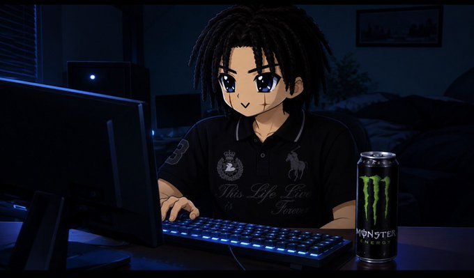 An anime-style illustration of a person with dreadlocks at a computer with a lit blue keyboard, with a Monster Energy drink can on the desk.