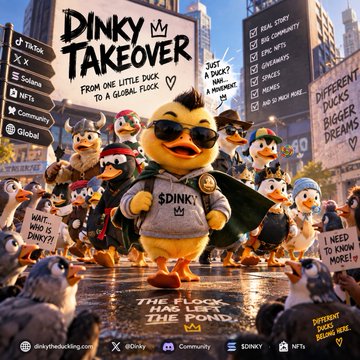A promotional poster titled 'DINKY TAKEOVER - FROM ONE LITTLE DUCK TO A GLOBAL FLOCK' featuring a crowd of cartoon ducks in a city setting, with menu options and '$DINKY' branding.