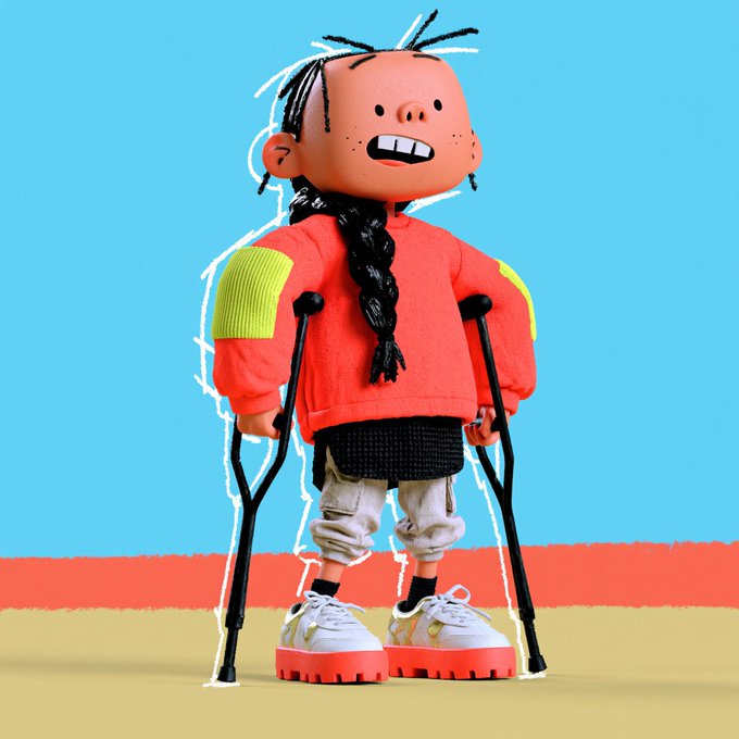 A stylized 3D character with pigtails, freckles, and an orange sweatshirt stands with crutches against a bright blue and orange background, wearing oversized orange-soled sneakers.