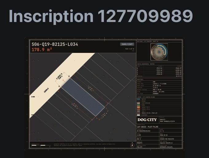 A dark presentation slide titled “Inscripción 127709989” shows a technical property or floor-plan graphic labeled “S06-Q19-B2125-L034” and “178.9 m².” The drawing includes markings such as “EARLY EXIT,” “DOG-CITY,” and “LOT SEED-PLOT PLAN.”
