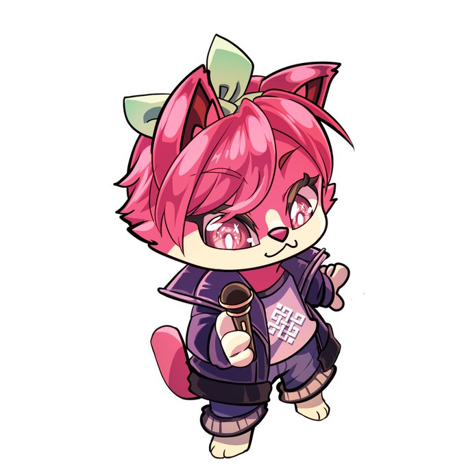 A chibi-style illustration of a pink-haired anthropomorphic cat character wearing a purple jacket with a green bow on its head, holding a small object.