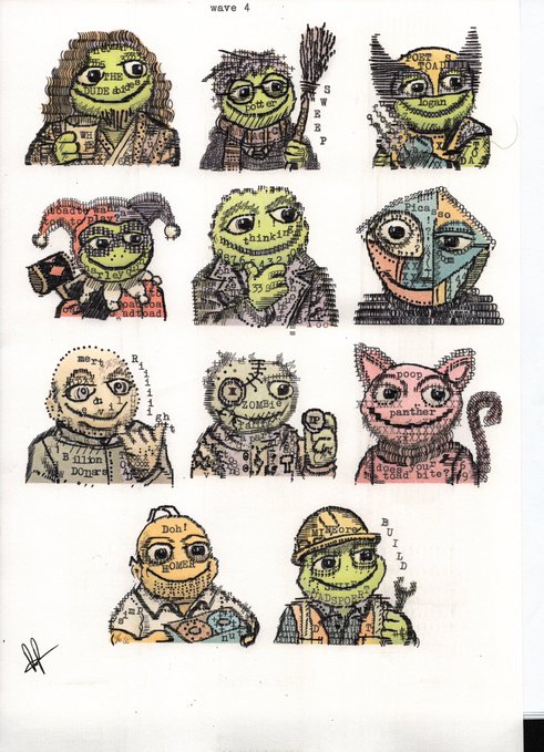 An illustration sheet titled 'wave 4' featuring 11 cartoonish, crudely drawn characters with various labels such as 'the intern', 'thinker', 'poop panther', and 'zombie'.