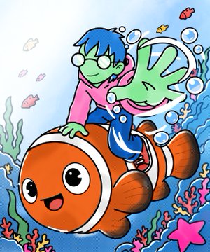 A vibrant cartoon depicting a blue-haired character with green glasses riding a smiling clownfish underwater, surrounded by coral, bubbles, and small fish.