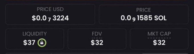 A token trading interface displays metrics including a price of $0.073224 USD (0.001585 SOL), locked liquidity of $37, and both FDV and market cap at $32.
