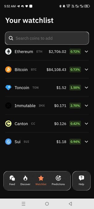 A mobile screenshot of a cryptocurrency watchlist app displaying prices and percentage changes for Ethereum ($2,706.02, 0.72%), Bitcoin ($84,108.43, 0.73%), Toncoin ($1.52, 1.50%), Immutable ($0.171, 2.70%), Canton ($0.126, 0.42%), and Sui ($1.18, 0.94%).