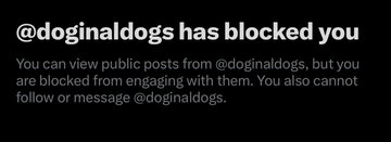 A notification screen displaying the message "@doginaldogs has blocked you" on a dark background, with text explaining that public posts can still be viewed but no further interaction is possible. This block likely explains why the user couldn't engage with the accompanying XRPL post, which humorously questions the authenticity of the "XRPL backbone" claim.