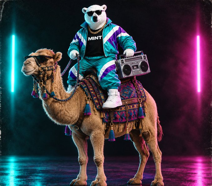 An AI-generated image shows a polar bear wearing sunglasses and a teal tracksuit riding a camel adorned with sunglasses and a boombox, set against a neon-lit background.