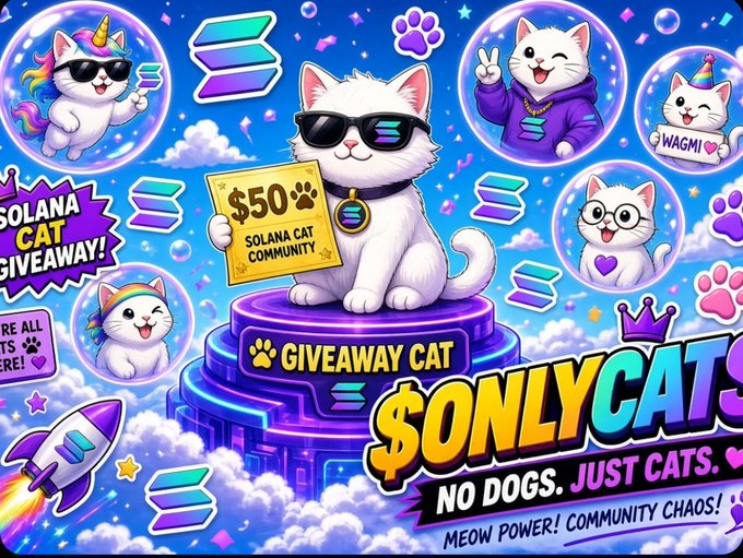 A colorful, cartoon-style promotional graphic for '$ONLYCATS' features various illustrated cats in sunglasses, with text reading 'SOLANA CAT GIVEAWAY!', '$50 GIVEAWAY CAT', and 'NO DOGS. JUST CATS. MEOW POWER! COMMUNITY CHAOS!'.