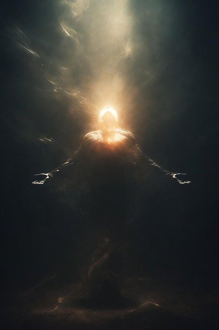 A dark, ethereal image showing a silhouetted figure with outstretched arms illuminated by a bright, fiery glow emanating from the head area, surrounded by wispy, smoke-like textures against a black background.
