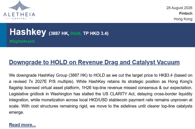An Aletheia Capital fintech report dated 28 August 2026 downgrading Hashkey (3887 HK) to HOLD with a target price of HK$3.4, citing revenue drag and catalyst vacuum.