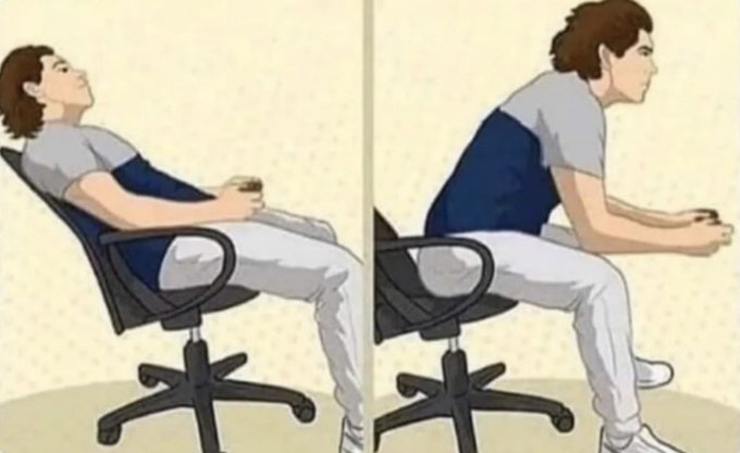 An instructional illustration showing a man sitting in a chair with poor posture on the right versus proper upright posture on the left.