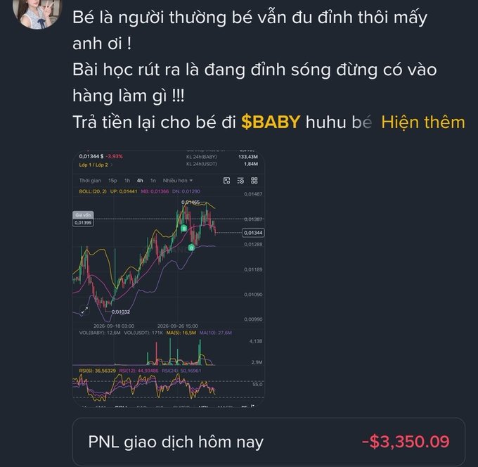 A Vietnamese social media post showing a cryptocurrency trading chart for $BABY with a -3.03% loss and a PNL of -$3,350.09, with text discussing taking profits.