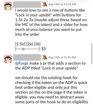 A Discord conversation between two users discussing a "Lock in your upside" feature for the ADP (Automated Dollar-Cost Averaging Protocol), proposing UI elements like lock buttons (1.5x, 2x, 3x) and a balance slider, referencing @Forge and MC limits. The image illustrates the collaborative idea-to-prototype workflow described in the post, showing the initial Slack discussion that led to an AI-built prototype being reviewed by the team.