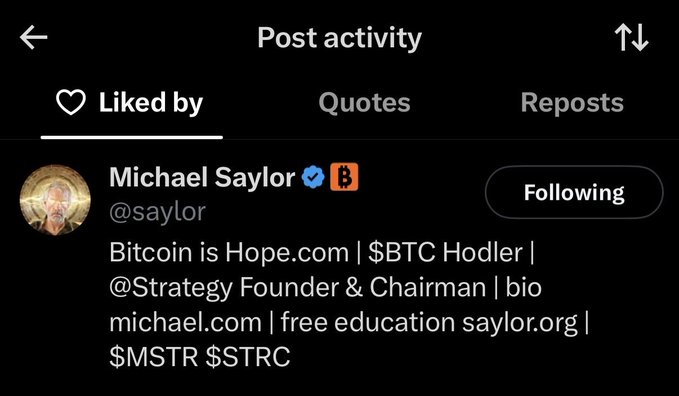 A screenshot of an Instagram 'Post activity' page showing that Michael Saylor (@saylor), Chairman of @Strategy and BTC Hodler, liked a post, with his bio referencing 'Bitcoin is Hope.com', $BTC, $MSTR, and $STRC.