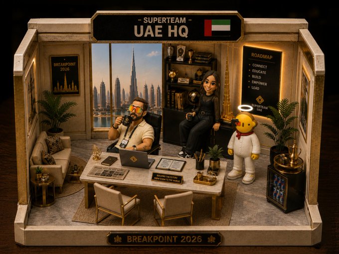 The image shows a stylized diorama of "SUPERTEAM UAE HQ" featuring two figures (a man with sunglasses and a woman), a Chibi the Cat mascot with a halo, the Burj Khalifa skyline, and text reading "BREAKPOINT 2026" and "ROADMAP - CONNECT, EDUCATE, BUILD, EMPOWER, LEAD." It visually represents the Superteam UAE team's unboxing moment ahead of Solana Breakpoint 2026, tying into the post's promotion of their Ecosystem Call.