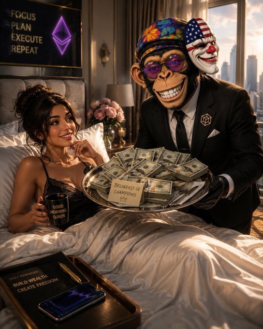 The image shows a woman lounging in bed holding a mug labeled "GOOD MORNING QUEEN" while a smiling monkey in a suit and sunglasses serves her a tray of cash captioned "BREAKFAST OF CHAMPIONS," with a phone displaying "BUILD WEALTH CREATE FREEDOM." It illustrates the post's ironic promise of "breakfast in bed" by depicting wealth literally being served first thing in the morning, luring viewers with the fantasy of easy money to bait them into sharing personal banking info.