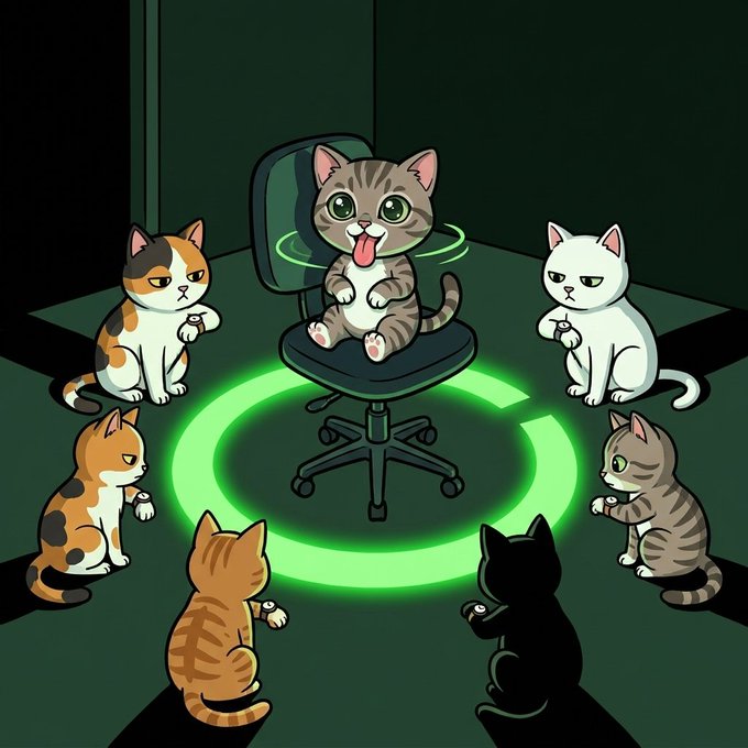 A cartoon illustration of cats sitting in a circle around a central cat in an office chair, with a glowing green ring on the floor beneath them.