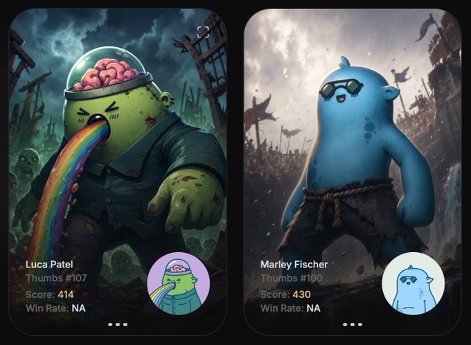Two app profile cards displayed side by side: left shows 'Luca Patel' (Thumbs #107, Score 414) depicted as a zombie-like figure with an exposed brain helmet vomiting a rainbow, and right shows 'Marley Fischer' (Thumbs #100, Score 430) depicted as a cheerful blue creature in a loincloth and sunglasses.