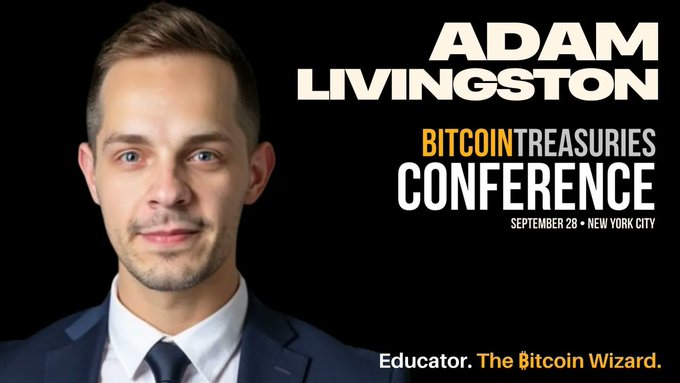 Promotional graphic for Adam Livingston, an educator known as 'The Bitcoin Wizard,' speaking at the Bitcoin Treasuries Conference on September 28 in New York City.