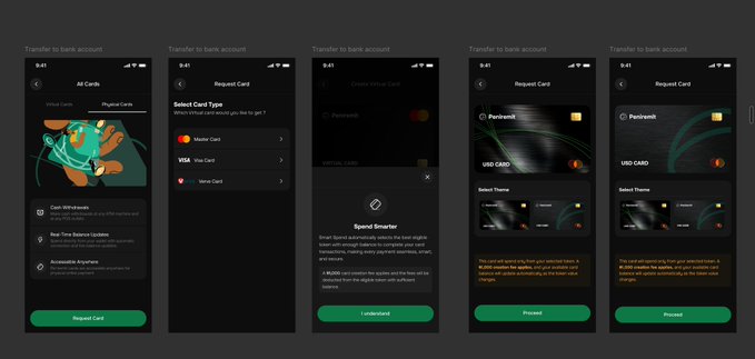 The image displays a five-step mobile app flow for Peniremit's "Request Card" feature, guiding users from selecting a card type (Master Card, Visa Card, or Verse Card) through a biometric security verification ("Spend Smarter" with Face ID) to choosing a virtual USD card with customizable themes. The "Wiki Cat" illustration visible in the first screen ties into the announcement about Wiki Cat tokens being usable as card balance, showing the upcoming physical card partnership integration with Peniremit.