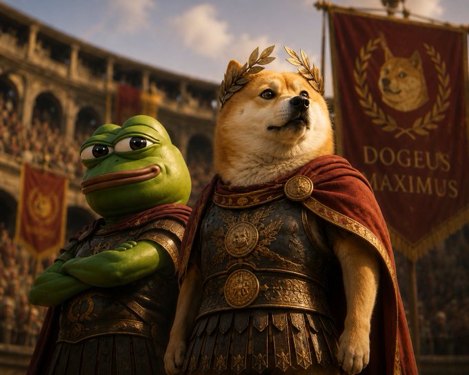 Pepe and Doge stand united in Roman gladiator armor before a cheering colosseum crowd, with a banner reading "DOGEUS MAXIMUS" displaying Doge's likeness — perfectly capturing the meme's triumphant "no surrender" spirit of internet culture rising as an empire.