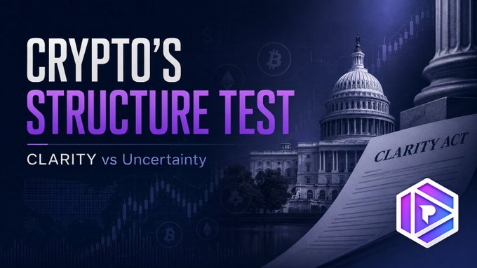 A graphic titled 'CRYPTO'S STRUCTURE TEST: CLARITY vs Uncertainty' features the US Capitol building, a document labeled 'CLARITY ACT,' and a logo with the letter 'R'.