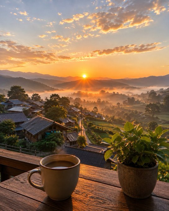 A scenic sunrise view over a misty valley and village, with a cup of coffee and a potted plant on a wooden balcony railing in the foreground.