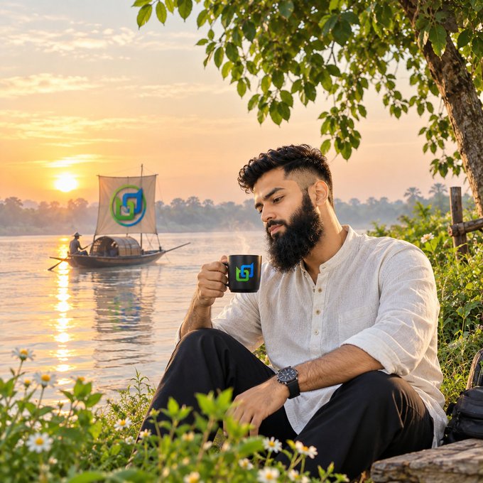 A bearded man in a white shirt sits by a river at sunset, holding a black mug with a green and blue logo, while a sailboat with a matching logo floats in the background.