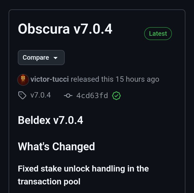 A GitHub release page screenshot for 'Obscura v7.0.4' tagged as 'Latest', released by victor-tucci 15 hours ago, noting 'Beldex v7.0.4' and a fix for 'stake unlock handling in the transaction pool'.