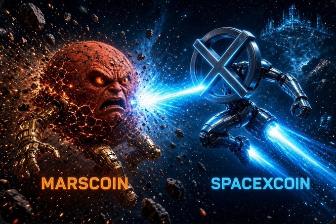 A dramatic sci-fi battle scene depicts a fiery, cracked planet-headed creature labeled 'MARSCOIN' clashing with an X-symbol-headed robot labeled 'SPACEXCOIN' in a cosmic setting.