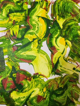An abstract painting with thick impasto brushstrokes in vibrant shades of green, yellow, and dark red/maroon.